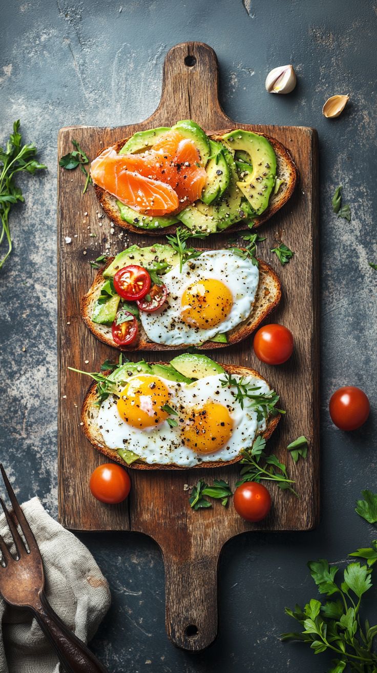 Tostadas de aguacate con huevo y salmón sobre una tabla de madera