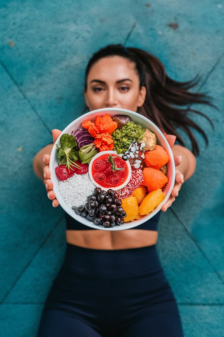 Mujer recostada sosteniendo un bowl colorido de frutas y verduras frente a la cámara