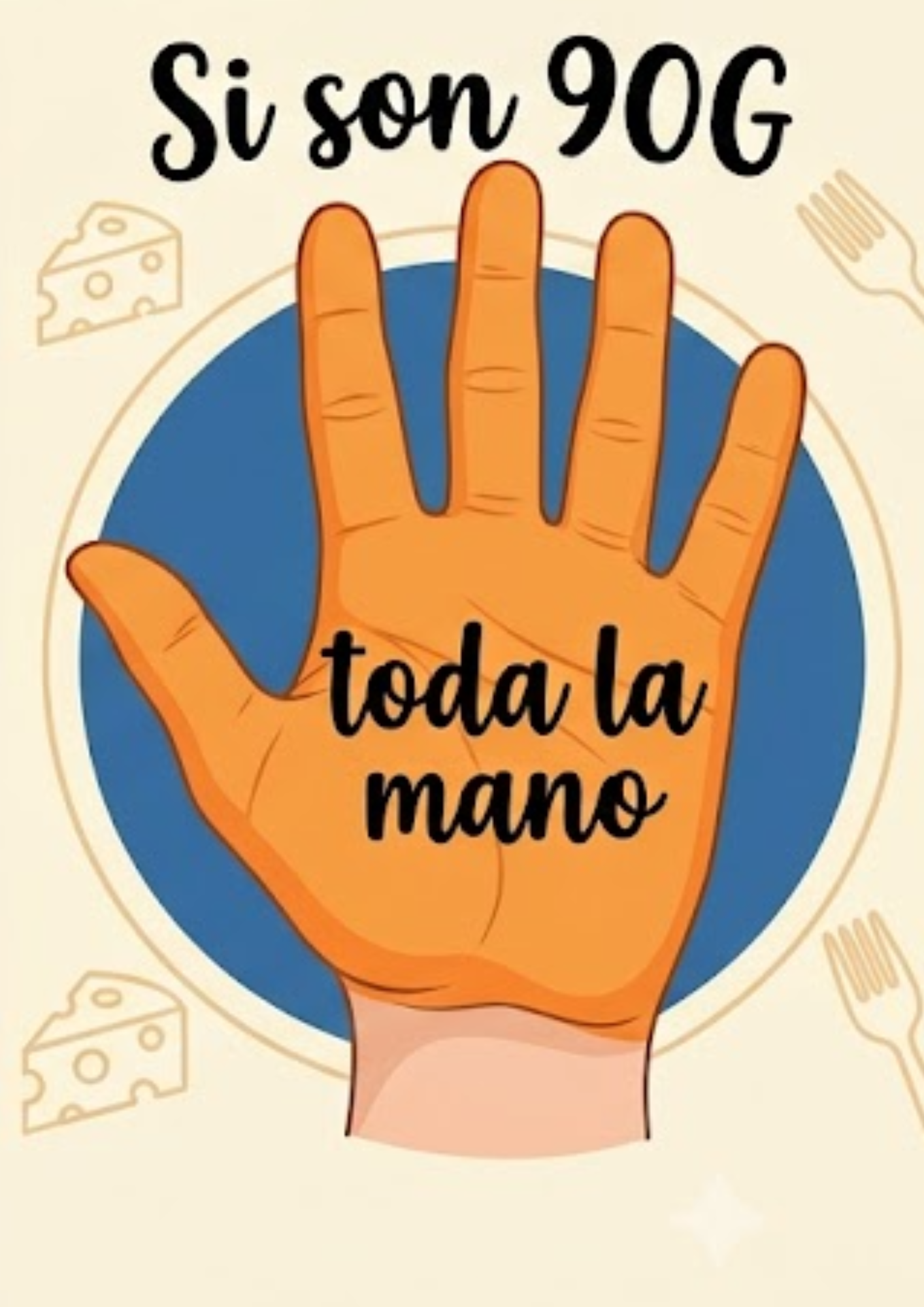 Tamaño completo de la mano como referencia de 90 gramos de proteína