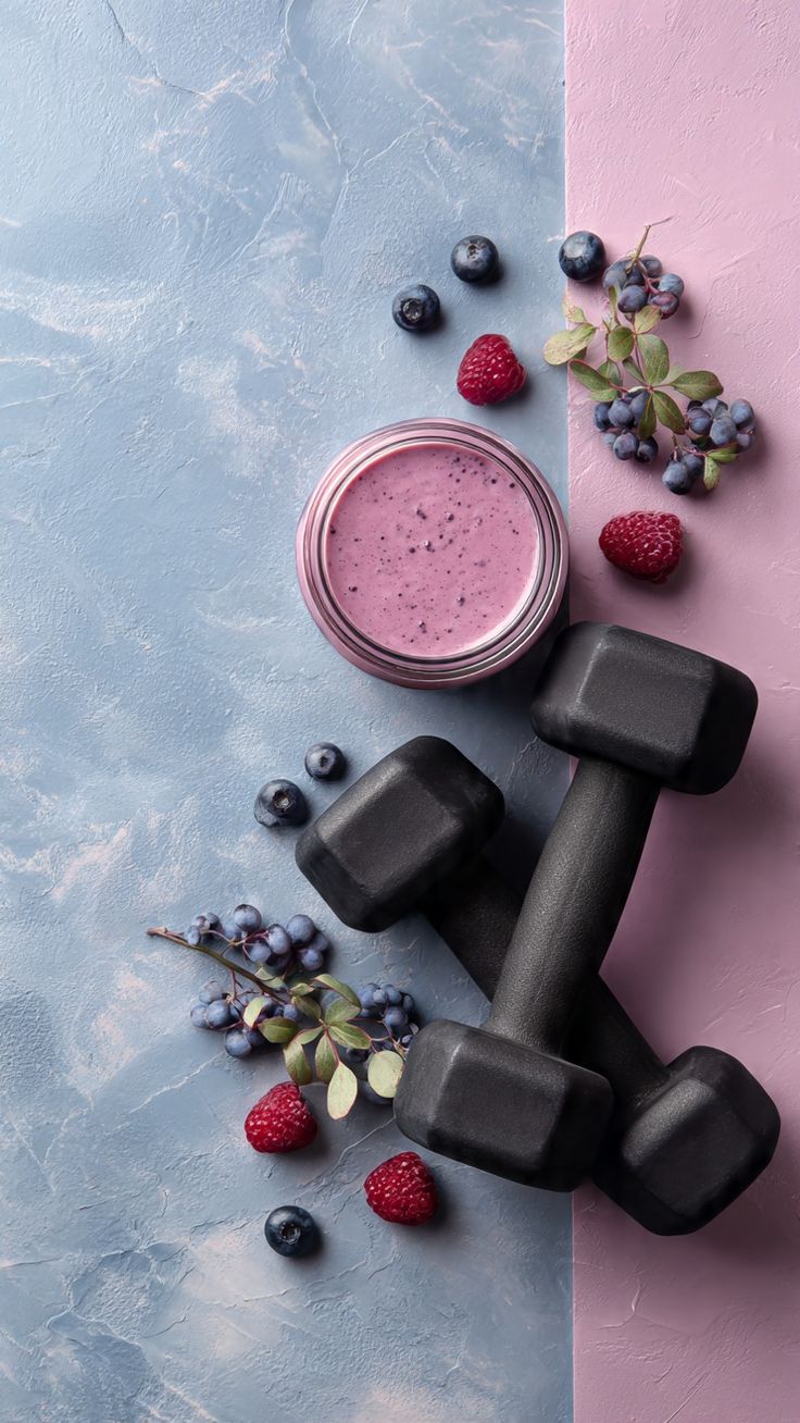 Batido de frutos rojos junto a mancuernas, símbolo de hábitos saludables y ejercicio